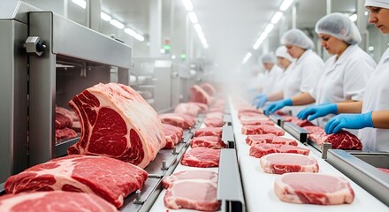 Food manufacturing of fresh meat with quality control and weighing