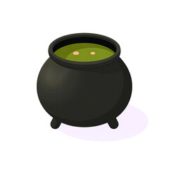 A detailed illustration of a black cauldron filled with green potion or soup.