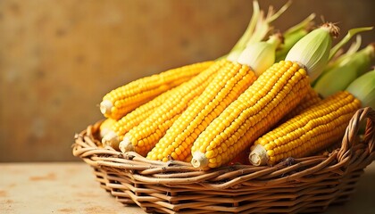 Organic farm fresh corn in a rustic basket healthy summer vegetable harvest