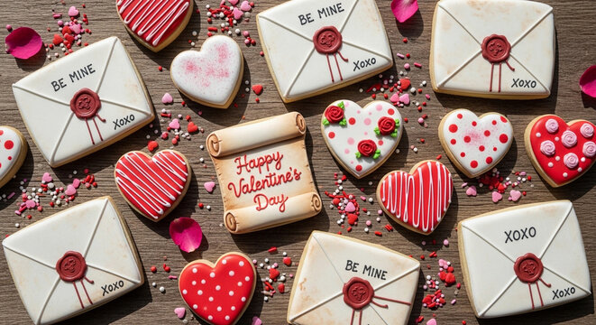Valentine cookies decorated as love letters and hearts