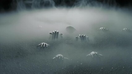 Spooky zombie hands crawling from darkness in fog, perfect for Halloween horror scenes - Powered by Adobe