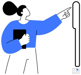 Woman in abstract style holding a tablet while gesturing forward with confidence and focus. Ideal for education, direction, leadership, planning, teaching, tutorials, simple landing page