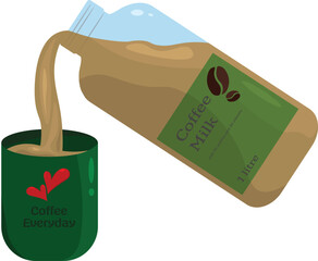 pouring coffee milk from a bottled coffee into a green mug vector illustration