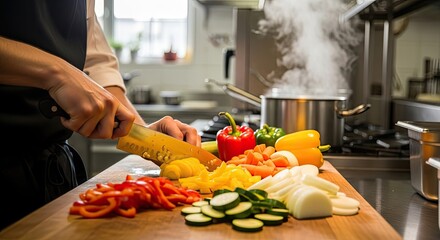 Chef's hands chopping fresh colorful vegetables on a wooden board in a bustling professional kitchen, healthy cooking preparation.