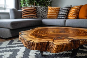 Close up of natural wood rustic live edge coffee table near grey sofa. Minimalist home interior design of modern living room, Generative AI
