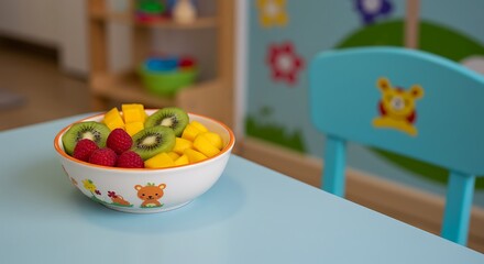Colorful Fruit Bowl with Kiwi Mango Raspberries in Bright Children's Room