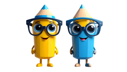Cartoon yellow and blue pencil wearing glasses, cute 3D style, isolated on transparent background, PNG format.
