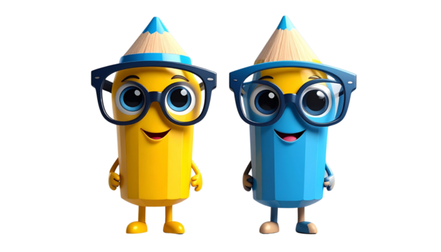 Cartoon yellow and blue pencil wearing glasses, cute 3D style, isolated on transparent background, PNG format.
