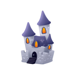 A whimsical castle with purple towers and glowing windows, perfect for fantasy themes.