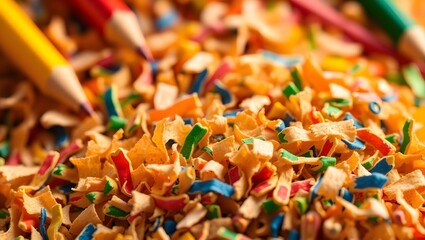 Close up of colored pencils and shavings in a pile with yellow and red pencils visible at the top