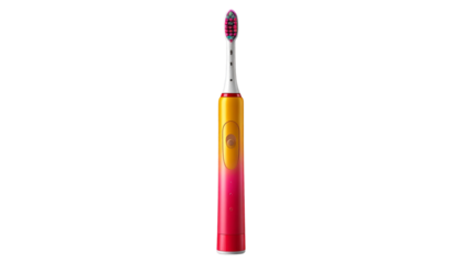 Realistic electric toothbrush with red, pink, and yellow color blend, isolated on transparent background, PNG format.
