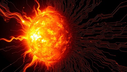 A fiery sun with flames and circuit board pattern on a black background creating a digital effect