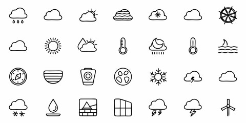 Diverse weather icons capture sun, rain, snow, clouds, and wind, offering versatile design elements.