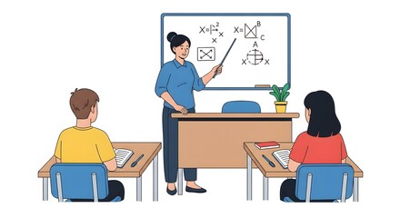 Teacher explaining geometry and algebra to students in a classroom setting, pointing at the whiteboard.