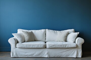 Sofa against blue wall. Scandinavian home interior design of modern living room, Generative AI
