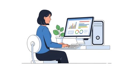 A woman working on a computer at a desk, analyzing data visualizations on the screen.