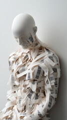 A stylized mannequin draped in strips of paper, featuring barcode patterns, conveys themes of consumerism and identity.