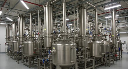 Complex network of pipes and stainless steel vessels in a modern industrial chemical or pharmaceutical production plant