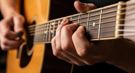 Close-Up of Man's Hands Playing Acoustic Guitar, Musician Practicing Chords