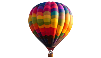 hot air balloon with mixed vibrant colors, detailed basket, isolated on transparent background, PNG format.
