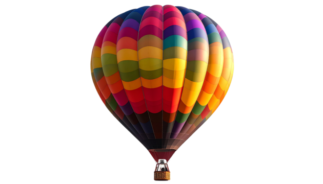 hot air balloon with mixed vibrant colors, detailed basket, isolated on transparent background, PNG format.
