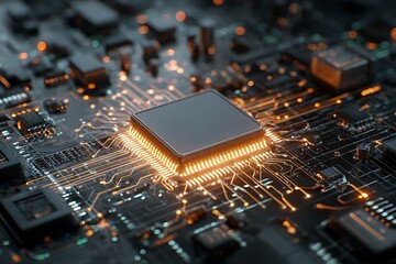 Dynamic illuminated CPU on circuit board with glowing pathways, representing processing power and technological innovation