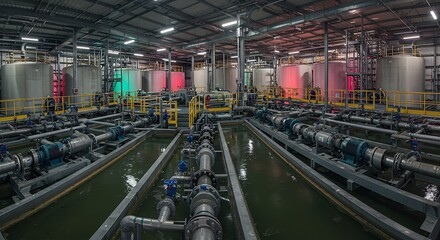 Fototapeta premium Expansive high-angle view of a modern industrial plant with a complex network of pipes, pumps, and processing tanks for fluid management