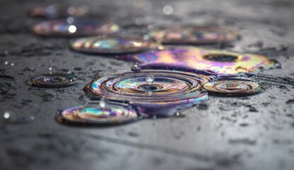 Abstract iridescent water droplets on a textured surface