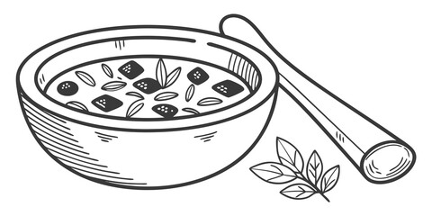 Cozy bowl of hearty stew with fresh herbs and rustic spoon, perfect for culinary inspiration