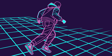Dynamic figure in retro neon style runs forward on grid, capturing energy and movement