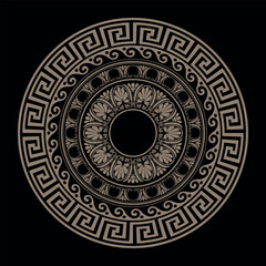 Fototapeta premium Golden round classic frame. Greek key, wave meander. Patterns of Greece and Ancient Rome. Round antique Greek frame. Round European frame. Typical Egyptian, Assyrian and Greek motifs