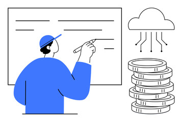 Person writing on a whiteboard, cloud technology symbolizing data or solutions, and coins representing finance. Ideal for creativity, strategy, fintech, innovation, education, teamwork simple flat