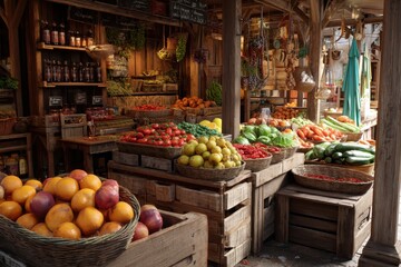 Obraz premium Rustic Market Stall Overflowing with Fresh Produce and Dried Goods