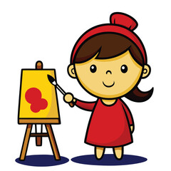Adorable cartoon girl painting a vibrant red flower on a yellow canvas with a smile, perfect for children's books and creative projects