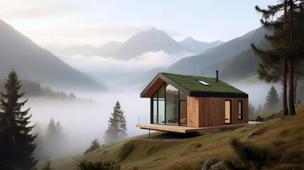 Fototapeta premium A modern tiny house, thoughtfully designed with sleek lines and warm wooden accents, rests quietly in the heart of a misty mountain valley.