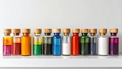 Colorful liquids in glass bottles,  in a row on a shelf