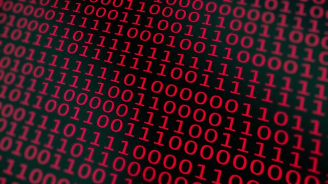 4k stock | Black background filled with rows of red binary code. Suitable for technology, cybersecurity, coding concepts, and digital backgrounds.