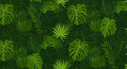 Lush tropical foliage pattern creates a vibrant jungle mood for backgrounds, textiles, and designs invoking the exotic allure of rainforests