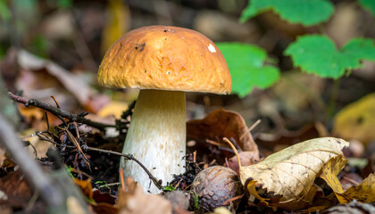 Fototapeta premium Single wild mushroom growing on forest floor in autumn sunlight