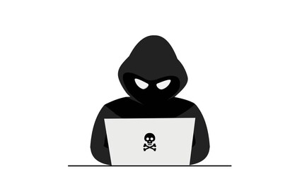 animation of a hacker or hacker in a black hoodie sitting in front of a laptop. cybercrime - Powered by Adobe