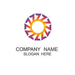 Abstract geometric logo design featuring a colorful and dynamic sunburst element on white background