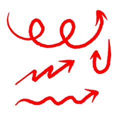 Four red hand-drawn arrows pointing in different directions on a white background, including a spiral and a curved arrow.