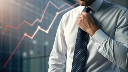 Businessman adjusting tie with economic graph in background symbolizing risk and critical financial decision making in modern office environment