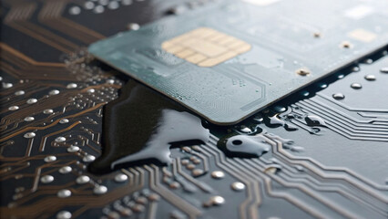 Microchip lies on wet circuit board with water droplets highlighting economic risk and critical impact of liquid damage to electronic components