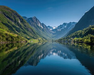Fototapeta premium Serene fjord landscape with mirrored reflections