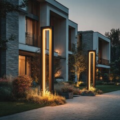 Modern, illuminated lamp posts at dusk, contemporary homes in background