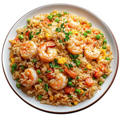Delicious shrimp fried rice with peas carrots and egg served on a white plate against a perfect for a tasty and satisfying meal on transparent background