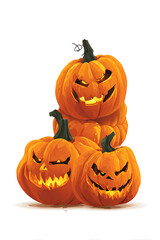 Four stacked Halloween pumpkins with menacing faces glowing against a white background