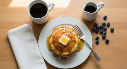 Top view of two plates of fluffy pancakes with butter, maple syrup, blueberries, and coffee on a bright wooden table.