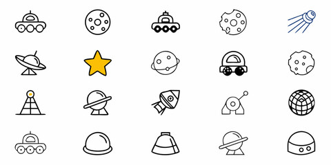 Cosmic adventure awaits with this fun astronomy and space exploration icon set for kids
